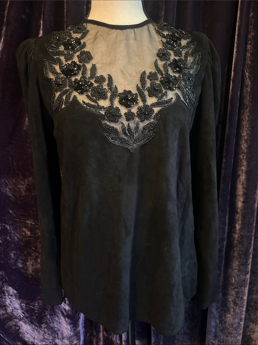 Vintage Suede Black Sheer Yoke Beaded Women's Top Button up back